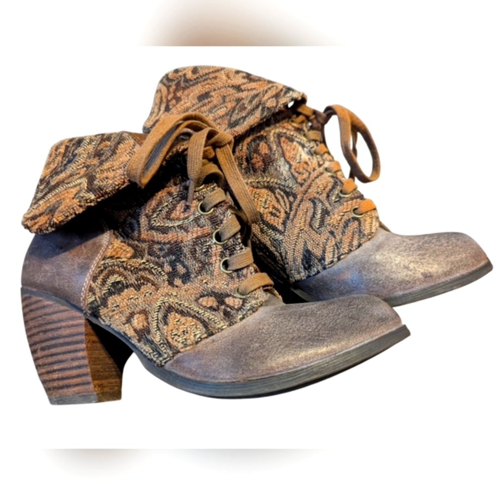 Miz Mooz Tapestry Heeled Ankle Boot Lace Up